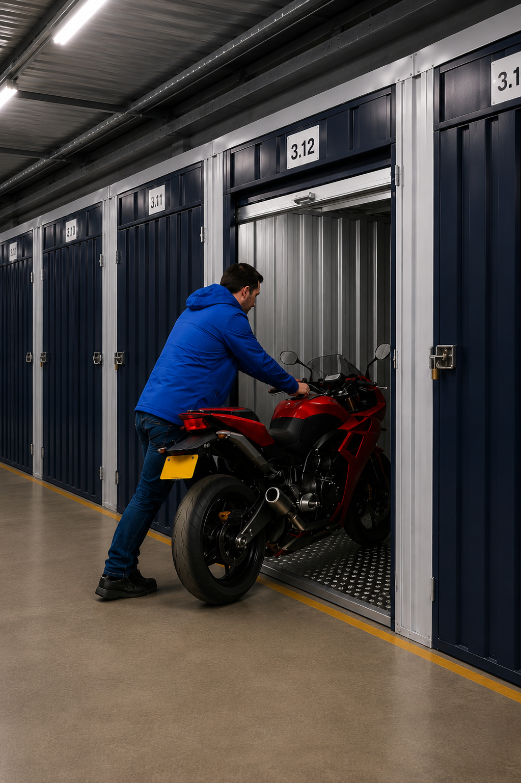 Open secure motorcycle storage unit with bike parked inside